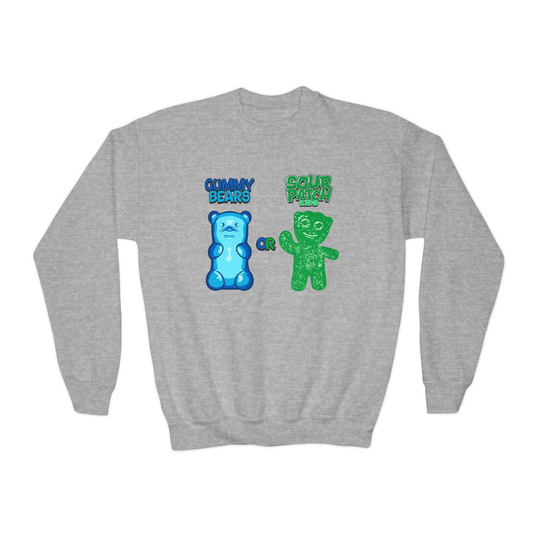 Youth Kids Debate Crewneck Sweatshirt —Gummy Bears or Sour Patch Kids?  G.O.A.T. Talk Tees